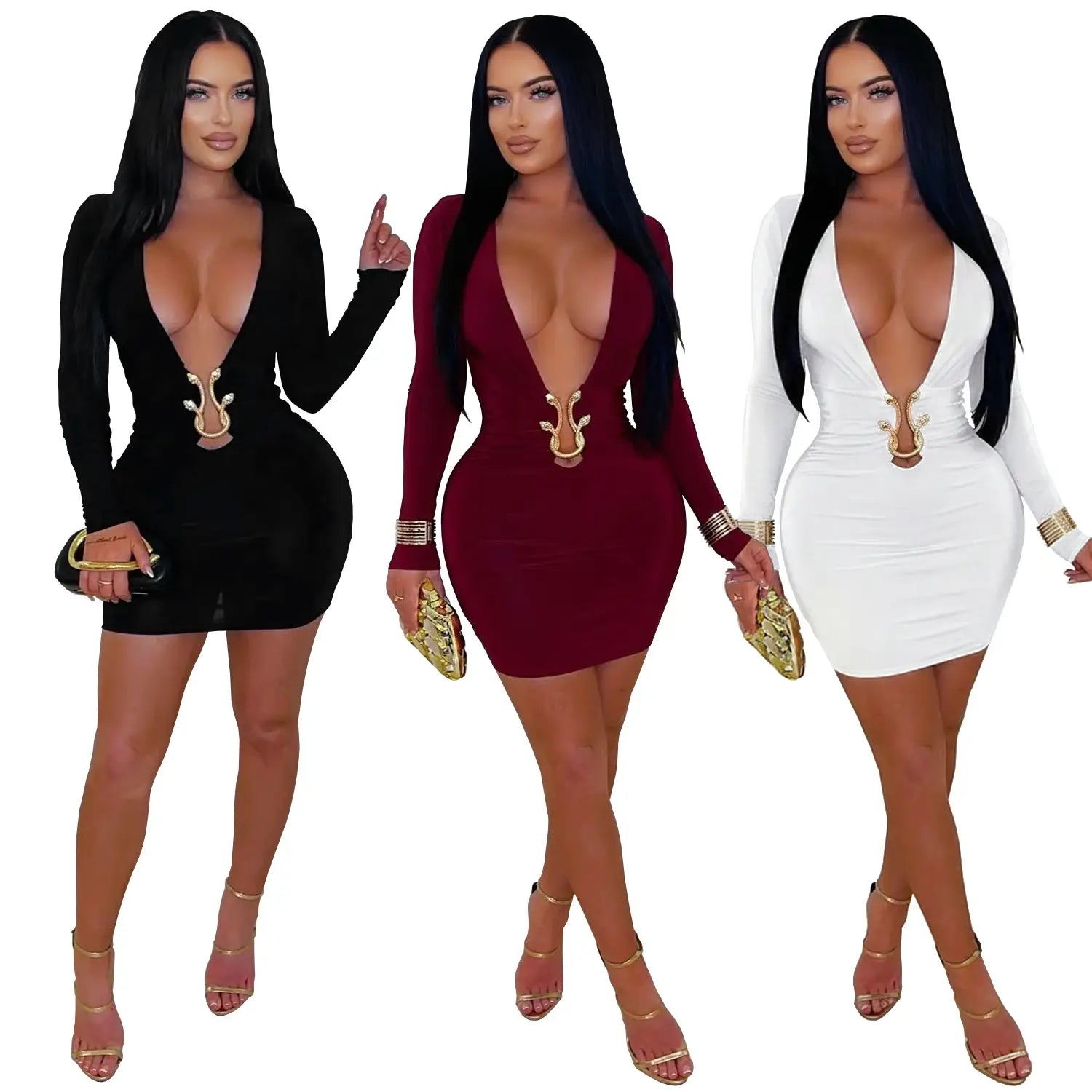 Fashionable women’s sexy deep v-neck bodycon dress with snake pattern accessories