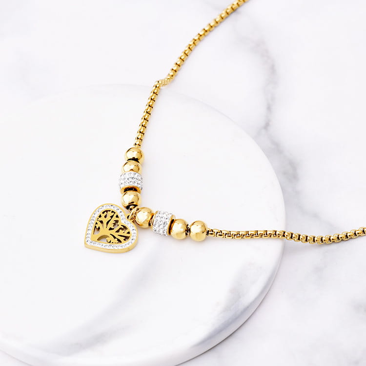 European and american style titanium steel heart tree of life rhinestone necklace for women simple love charm jewelry