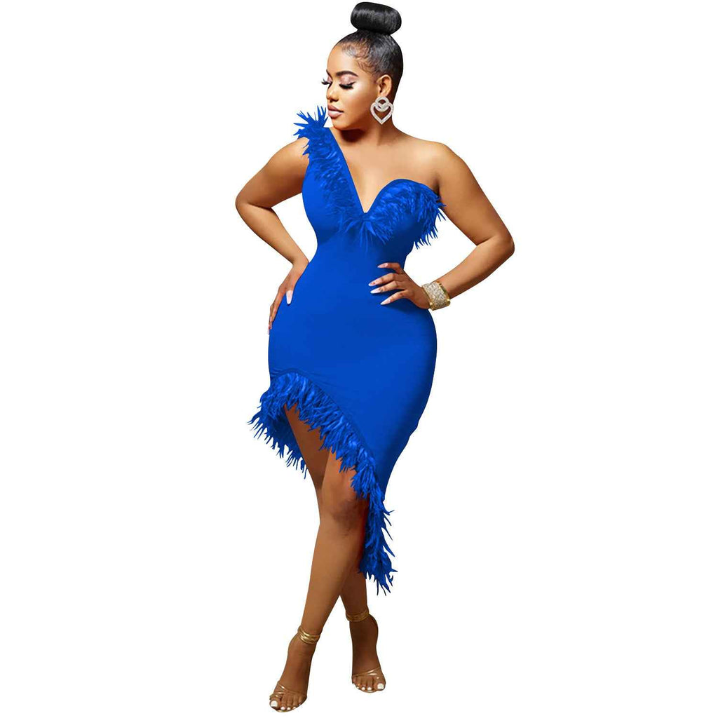 Elegant Solid Color V-Neck Sleeveless Wrap Dress with Feathered Irregular Hem Mid-Length Dress