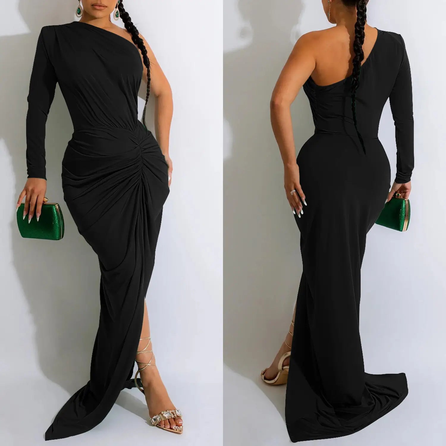 Fashion women’s solid color asymmetrical neck single long sleeve long dress with pleats