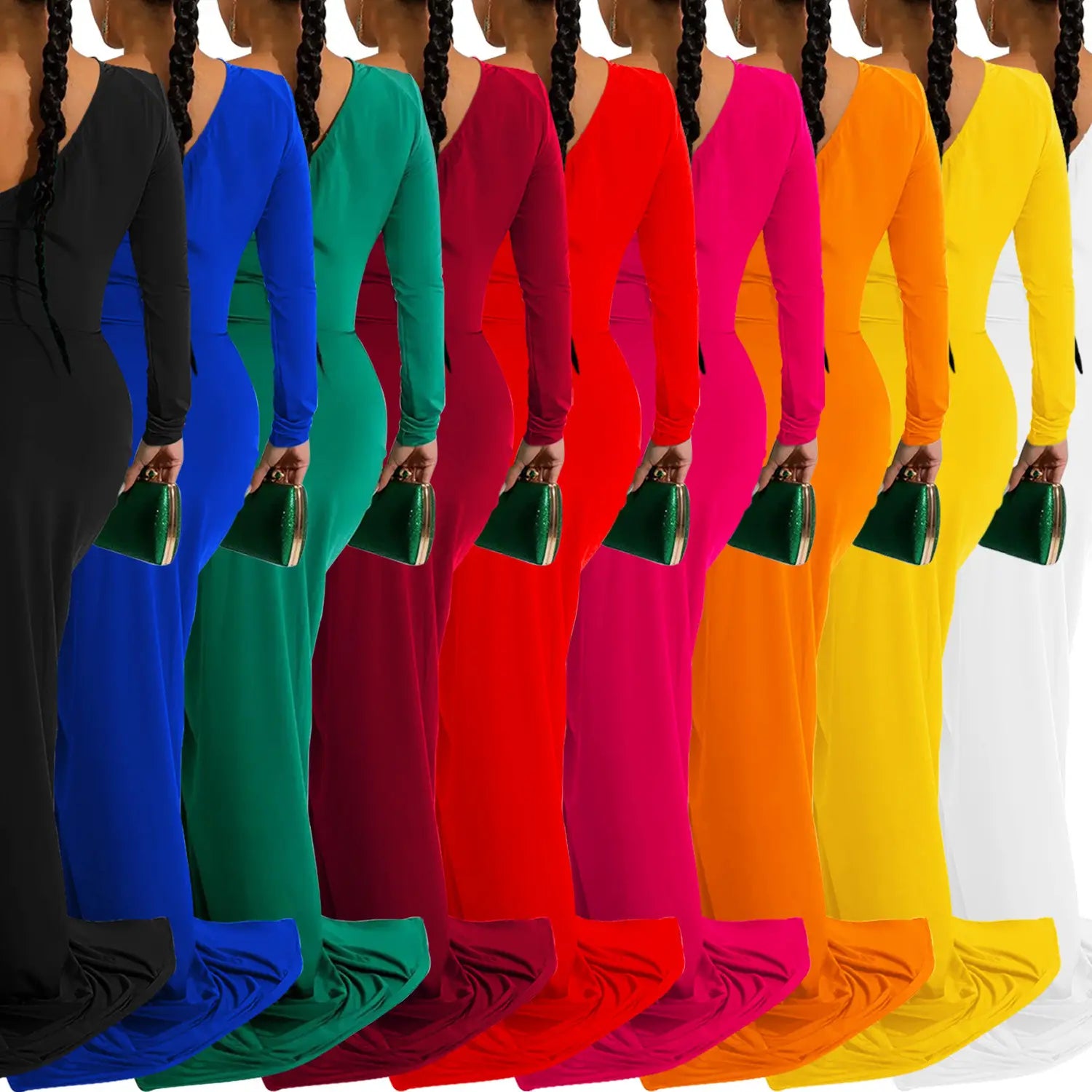 Fashion women’s solid color asymmetrical neck single long sleeve long dress with pleats