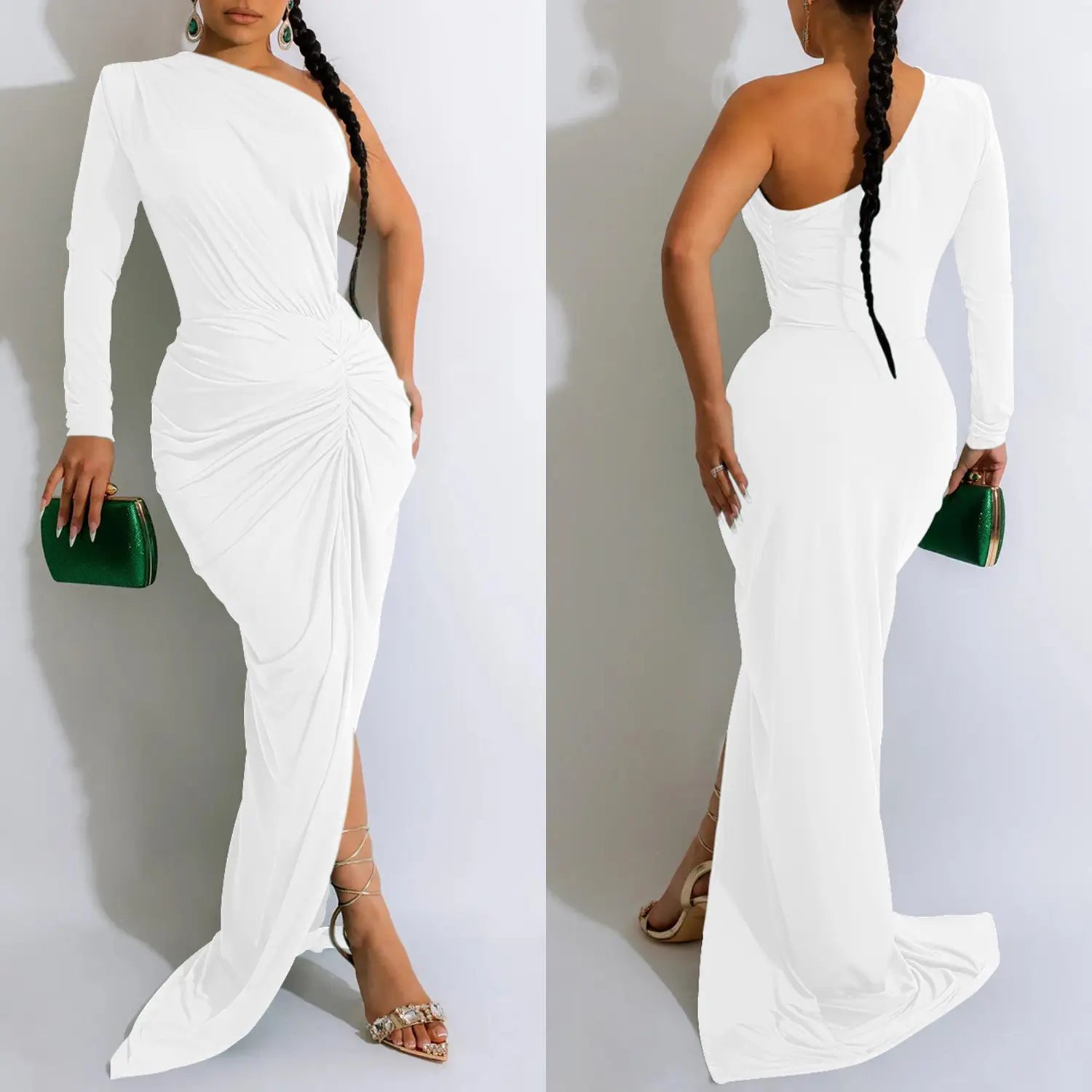 Fashion women’s solid color asymmetrical neck single long sleeve long dress with pleats