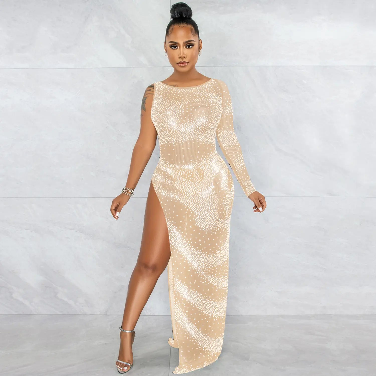 Fashion sexy nightclub rhinestone single long sleeve irregular slit maxi dress