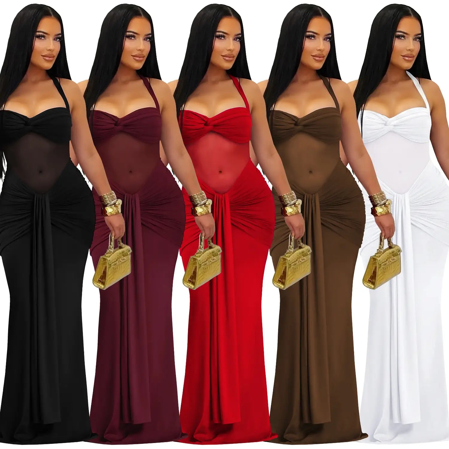 Fashion women’s sexy sheer mesh halter tie-back dress