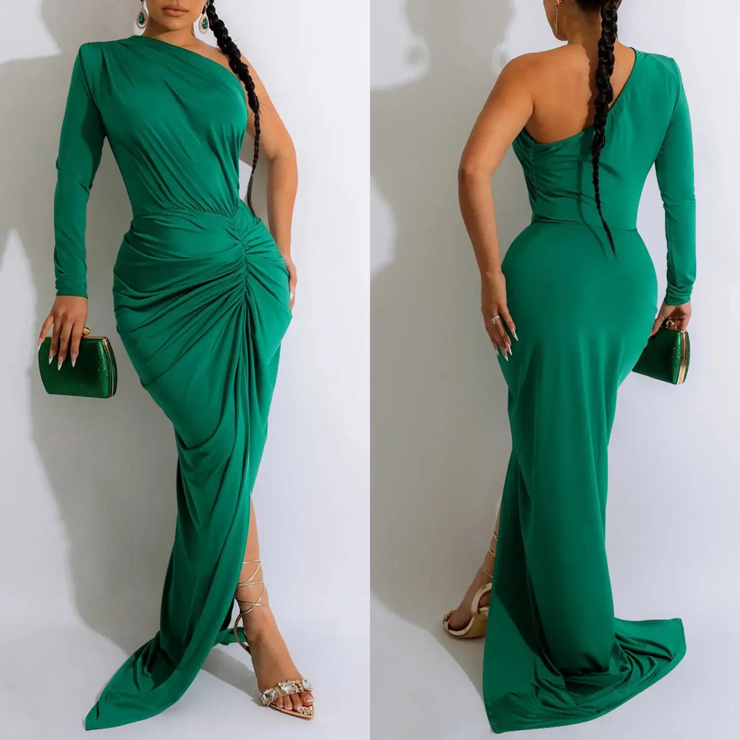 Fashion women’s solid color asymmetrical neck single long sleeve long dress with pleats