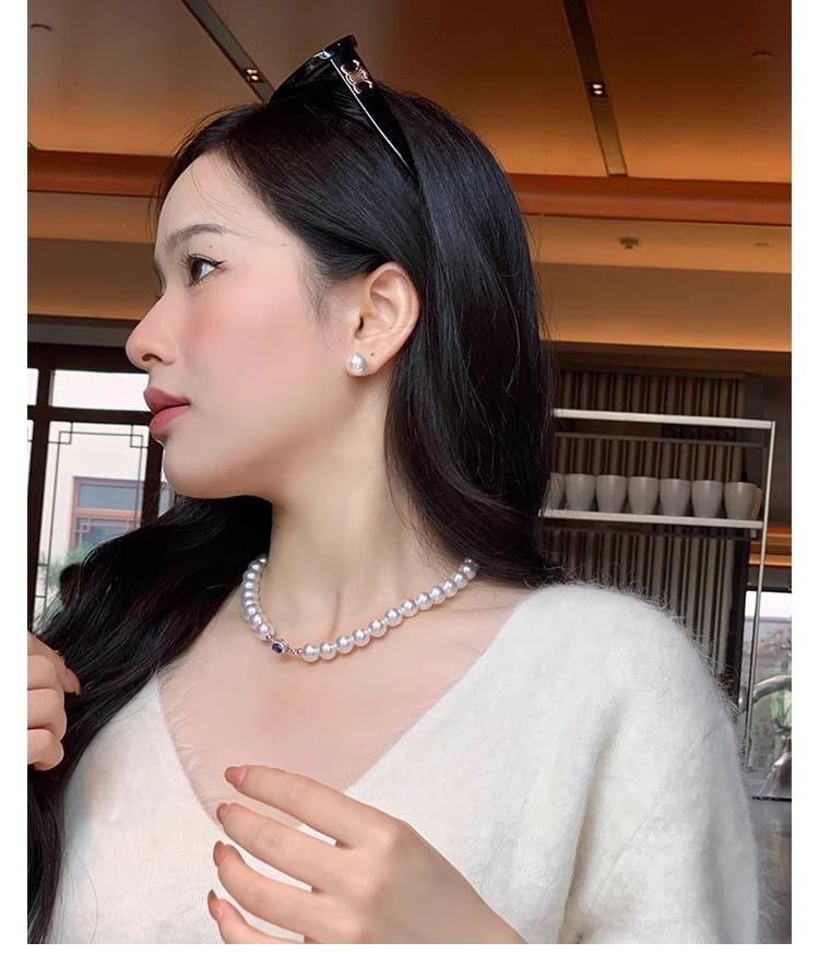 Natural mother-of-pearl pearl necklace silver blue gem clasp high luster premium quality pearl australian white necklace