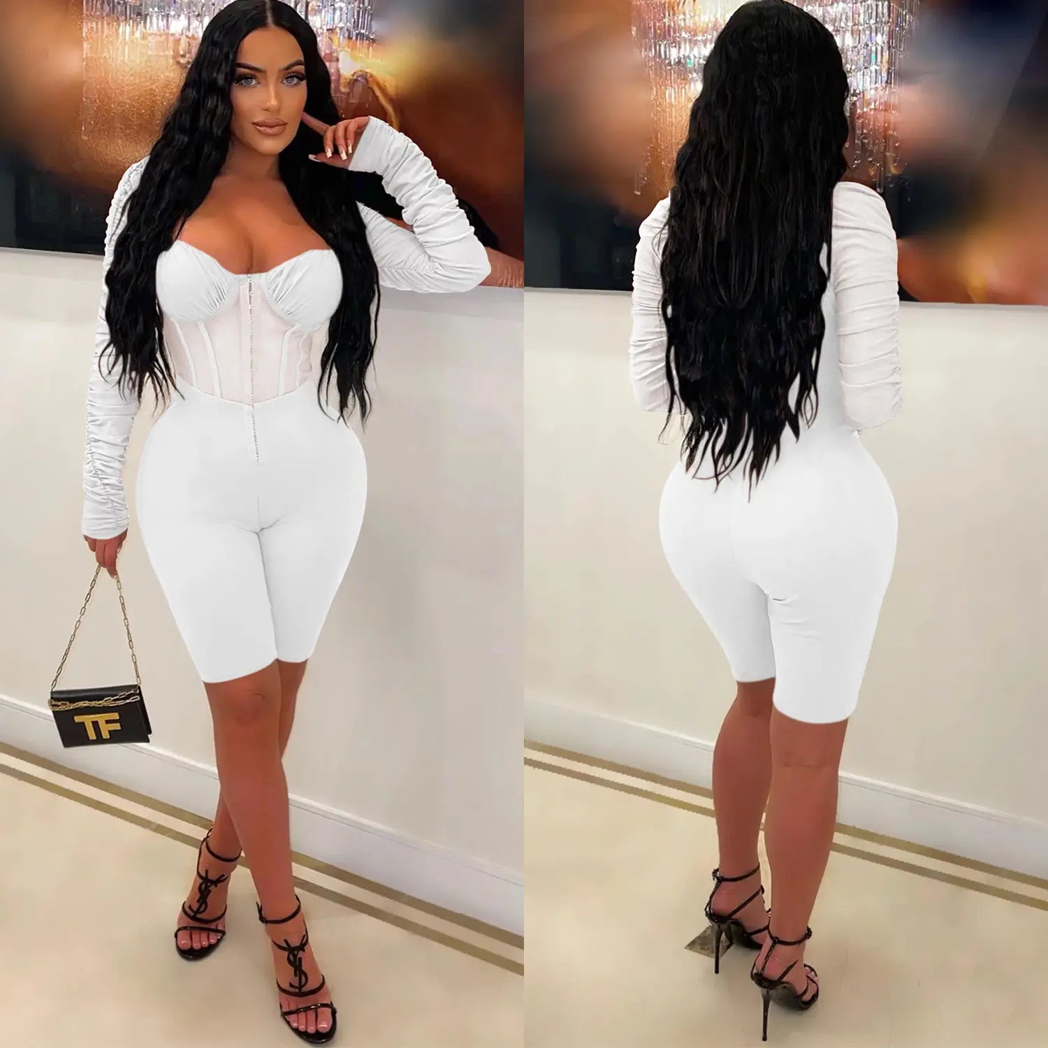 Fashion women’s solid color long sleeve short pants mesh sheer jumpsuit