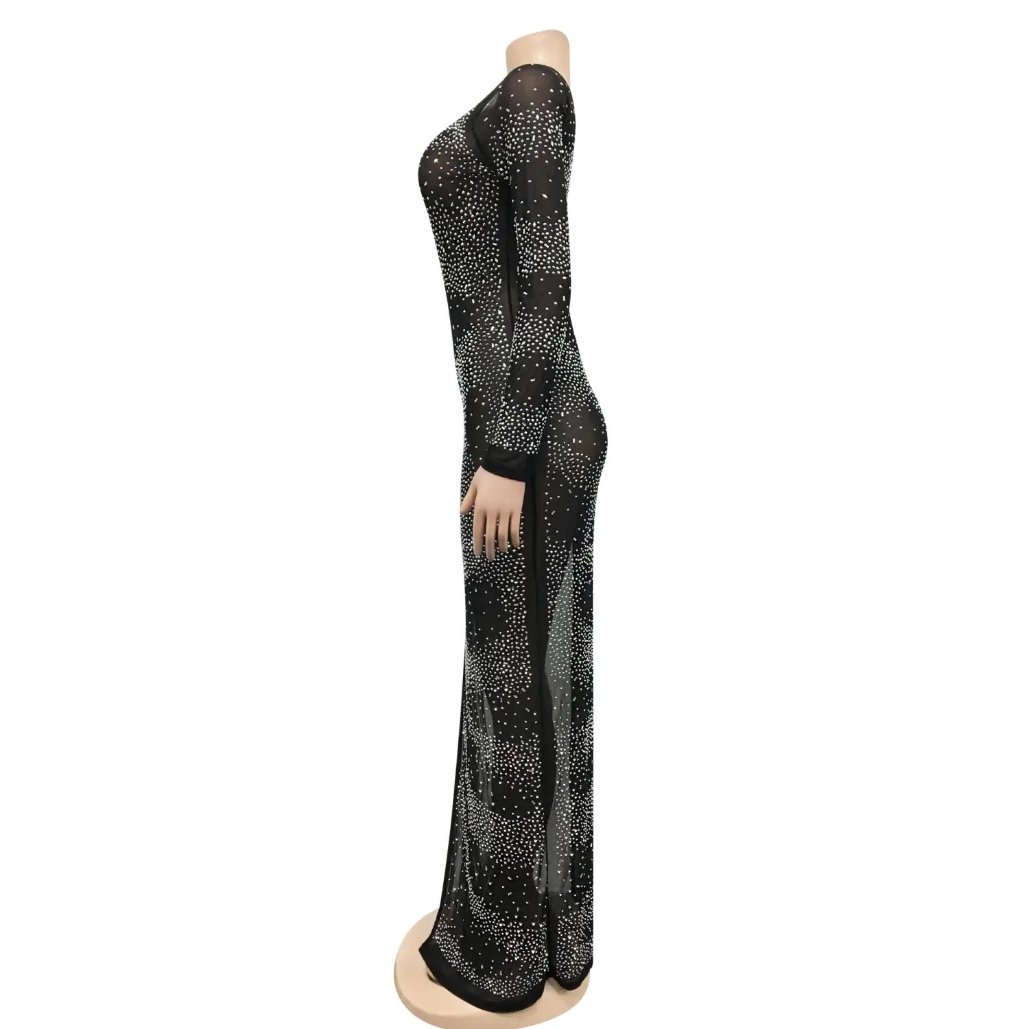 Fashion sexy nightclub rhinestone single long sleeve irregular slit maxi dress