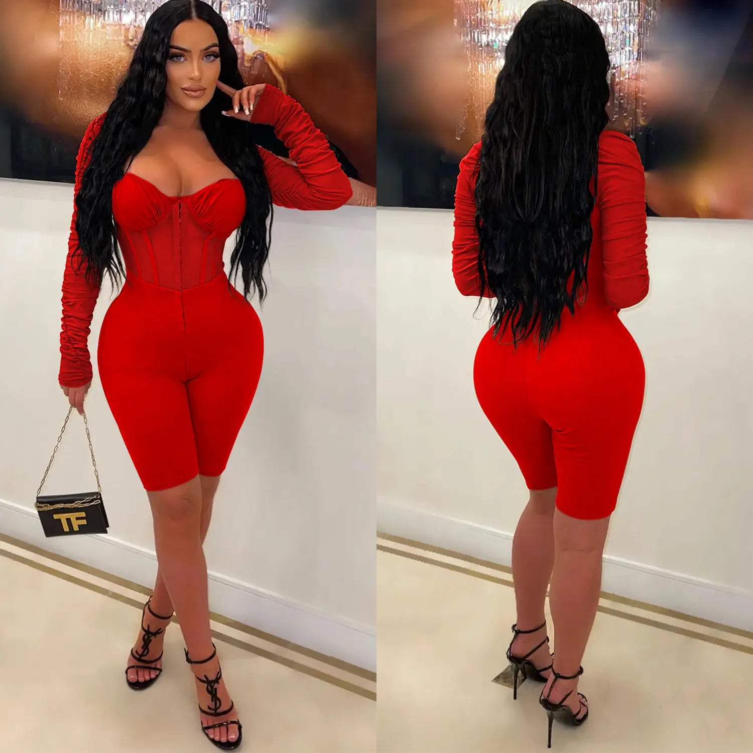 Fashion women’s solid color long sleeve short pants mesh sheer jumpsuit
