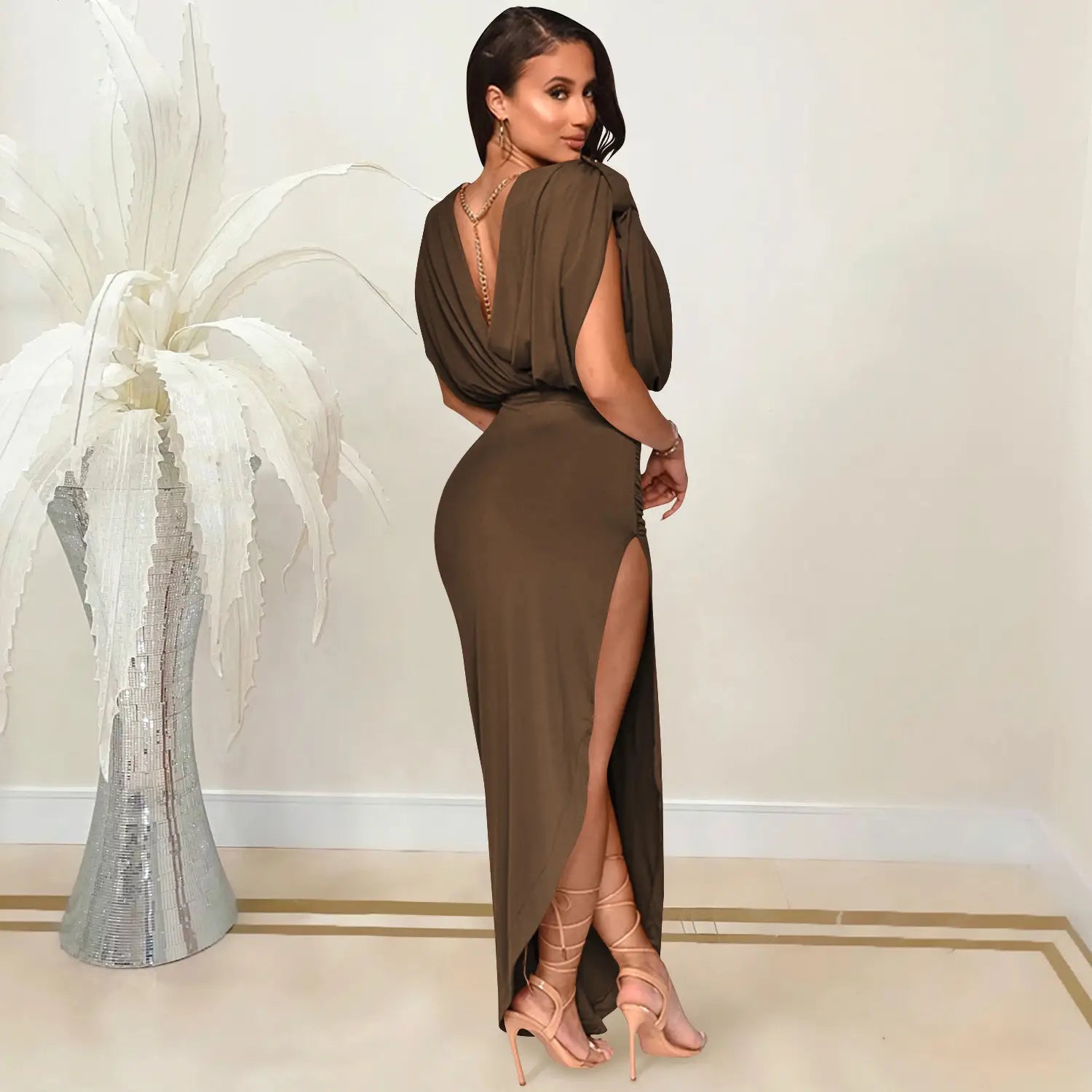 Fashion solid color women’s round neck sleeveless pleated asymmetrical slit long dress