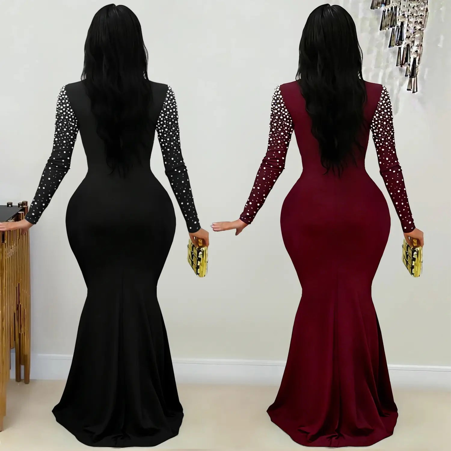Elegant high neck rhinestone beaded bodycon dress for women fashion
