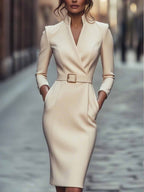 Elegant Spring Autumn Long Sleeve Pocket Dress with Belt