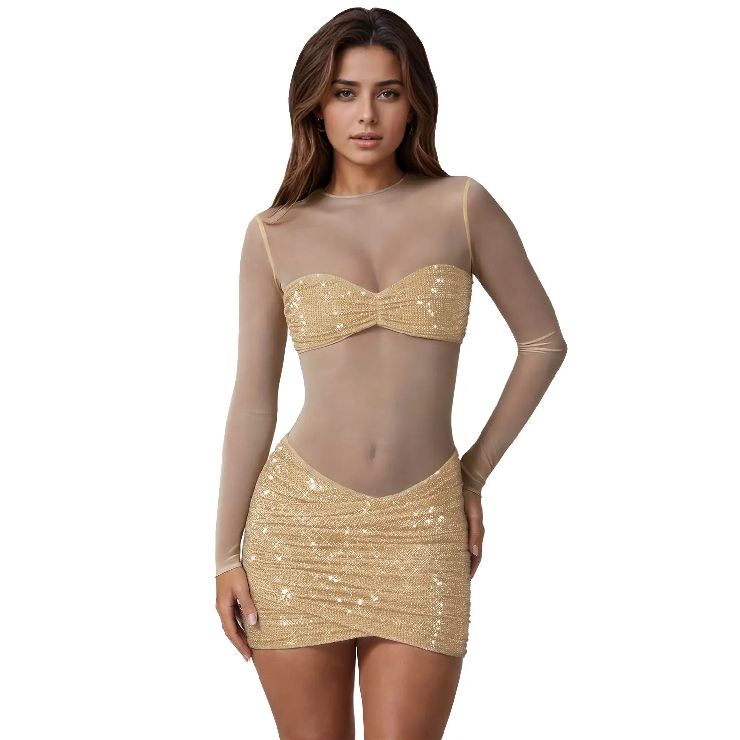 Fashion women’s sexy sheer mesh rhinestone dress mini skirt