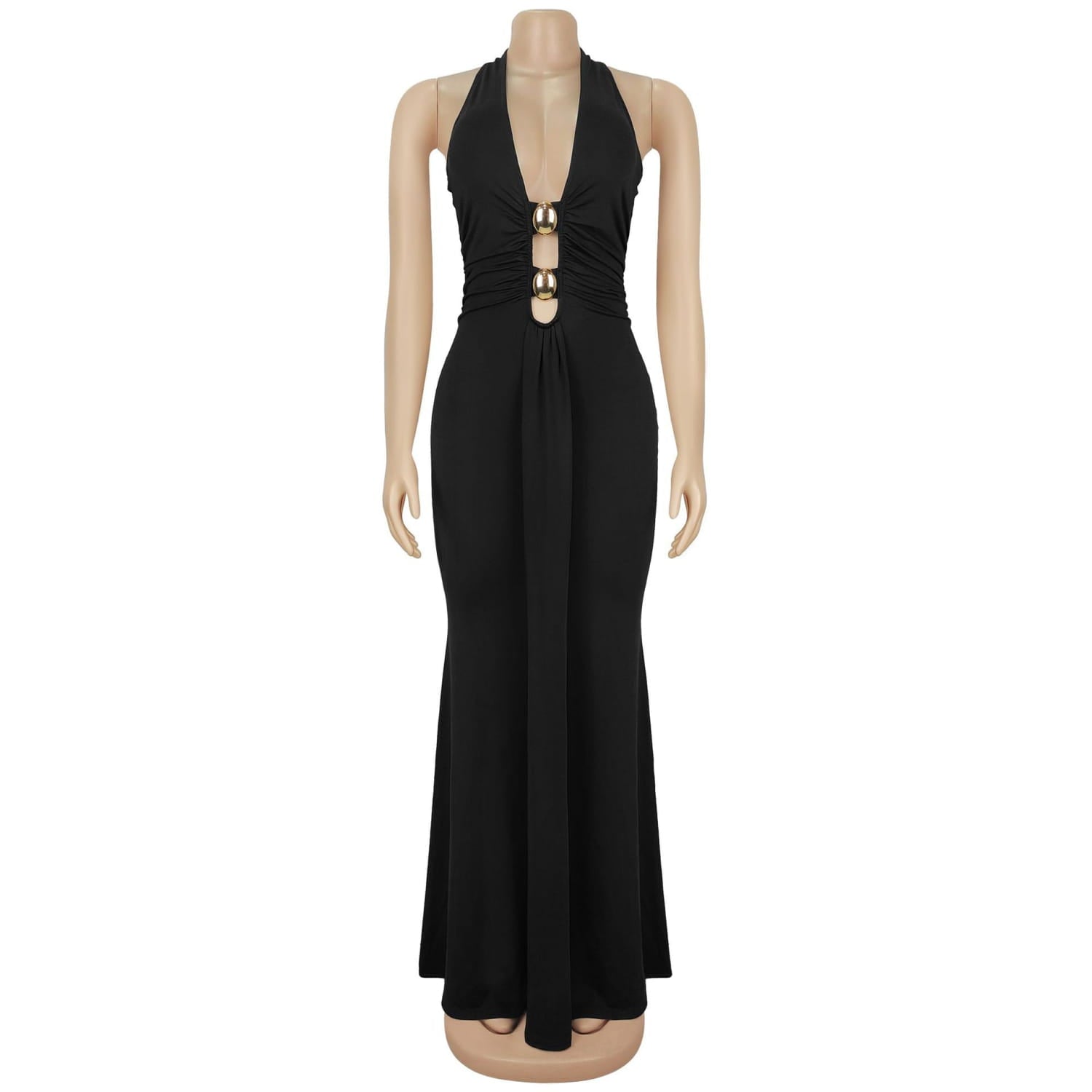 Fashion women’s sexy backless halter deep v neck solid color dress