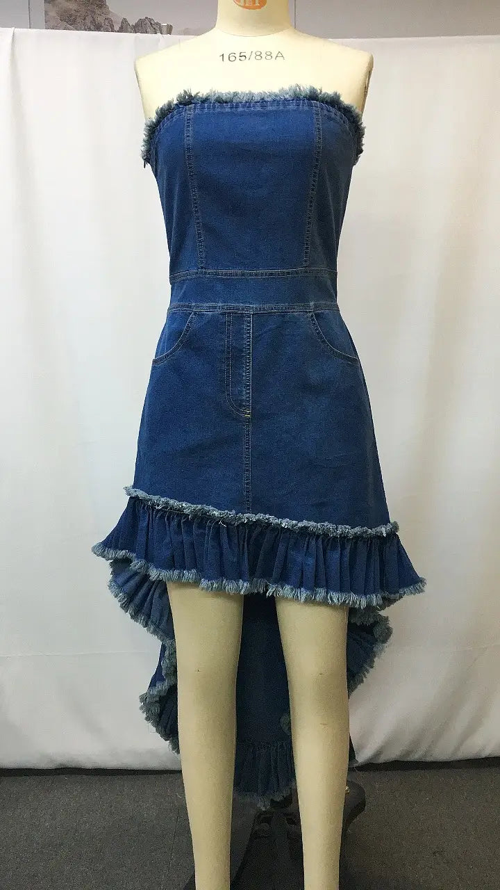 Retro Fashion Off-Shoulder Front Short Back Long Ruffle Mid-Length Denim Dress