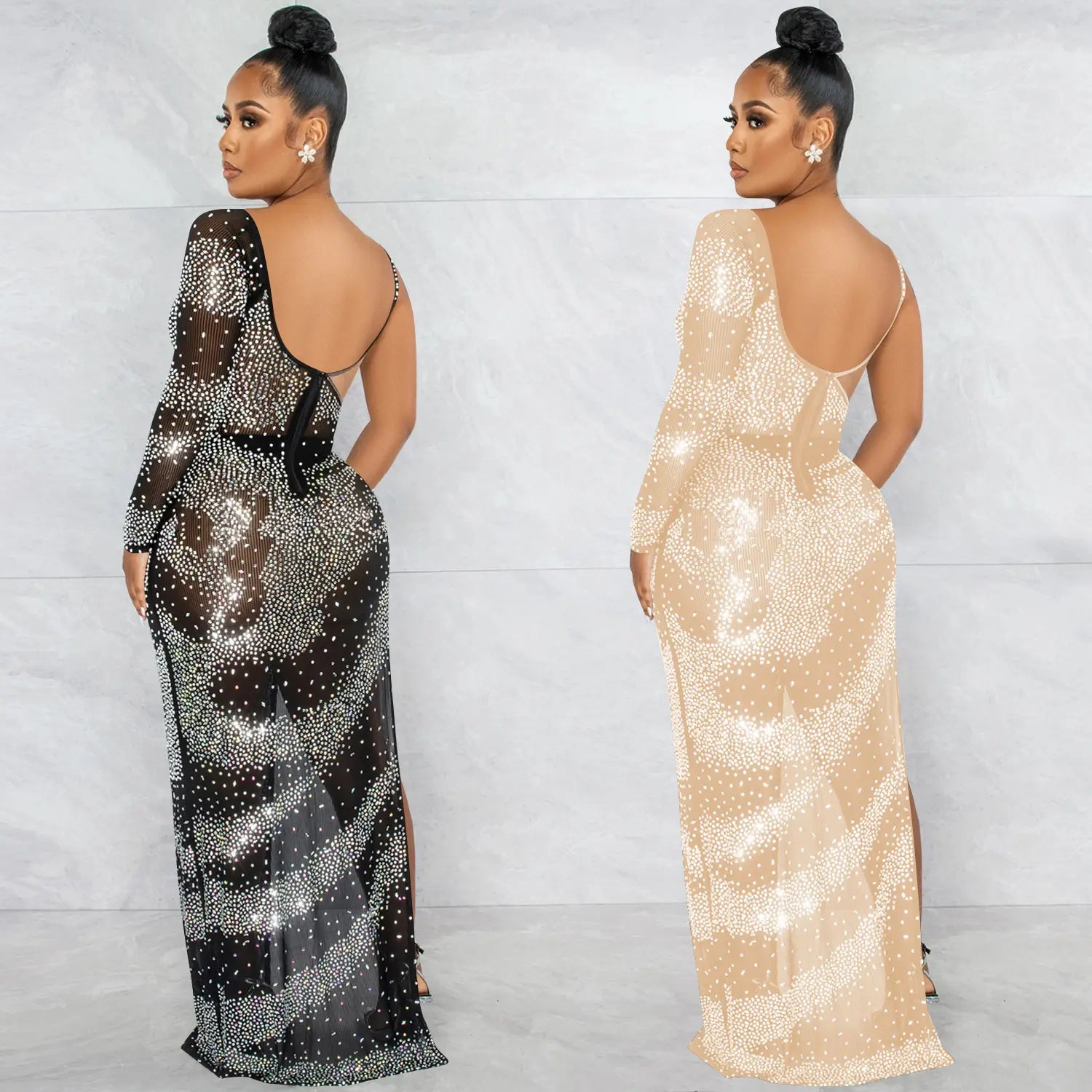 Fashion sexy nightclub rhinestone single long sleeve irregular slit maxi dress