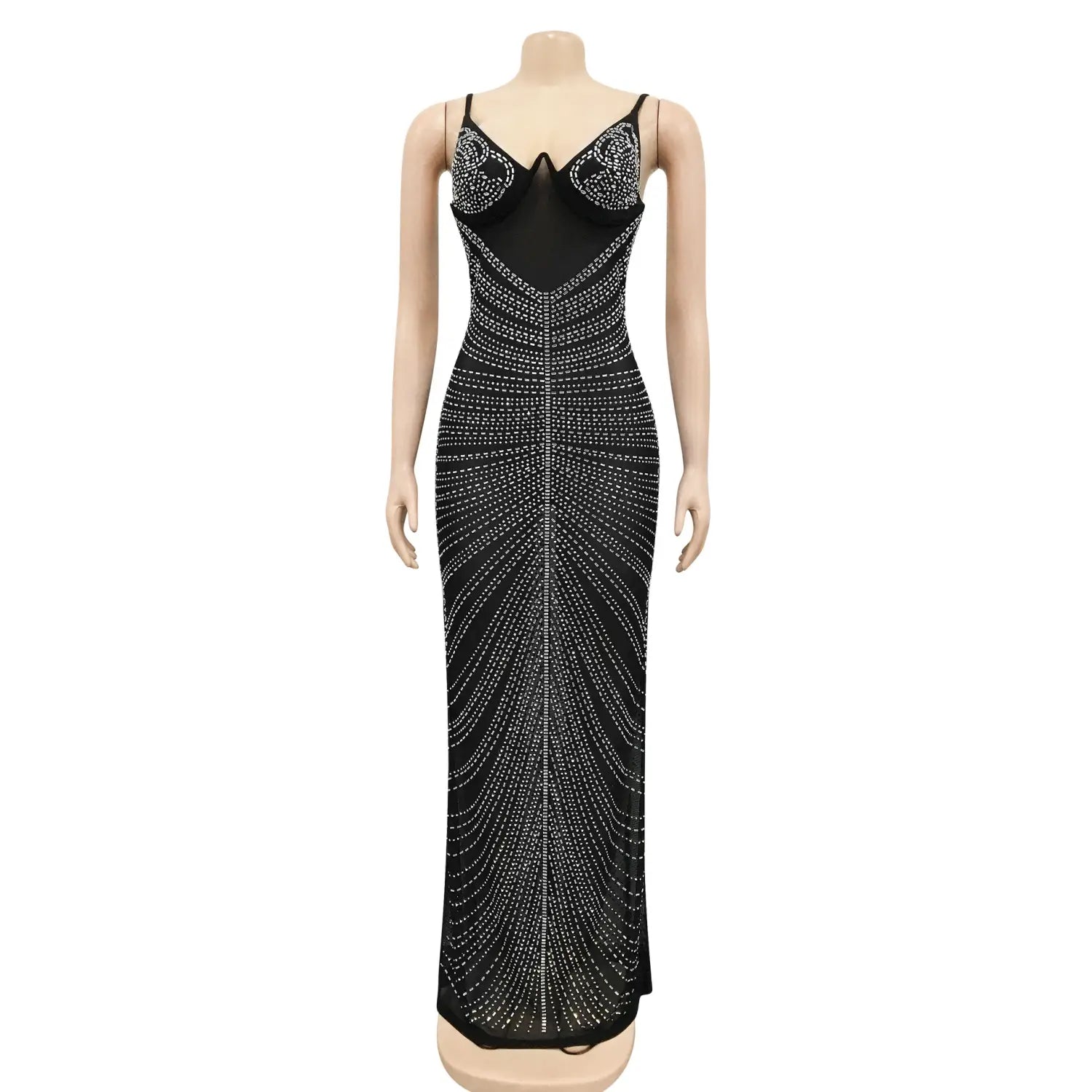Fashion sexy beaded strapless sheer mesh long dress