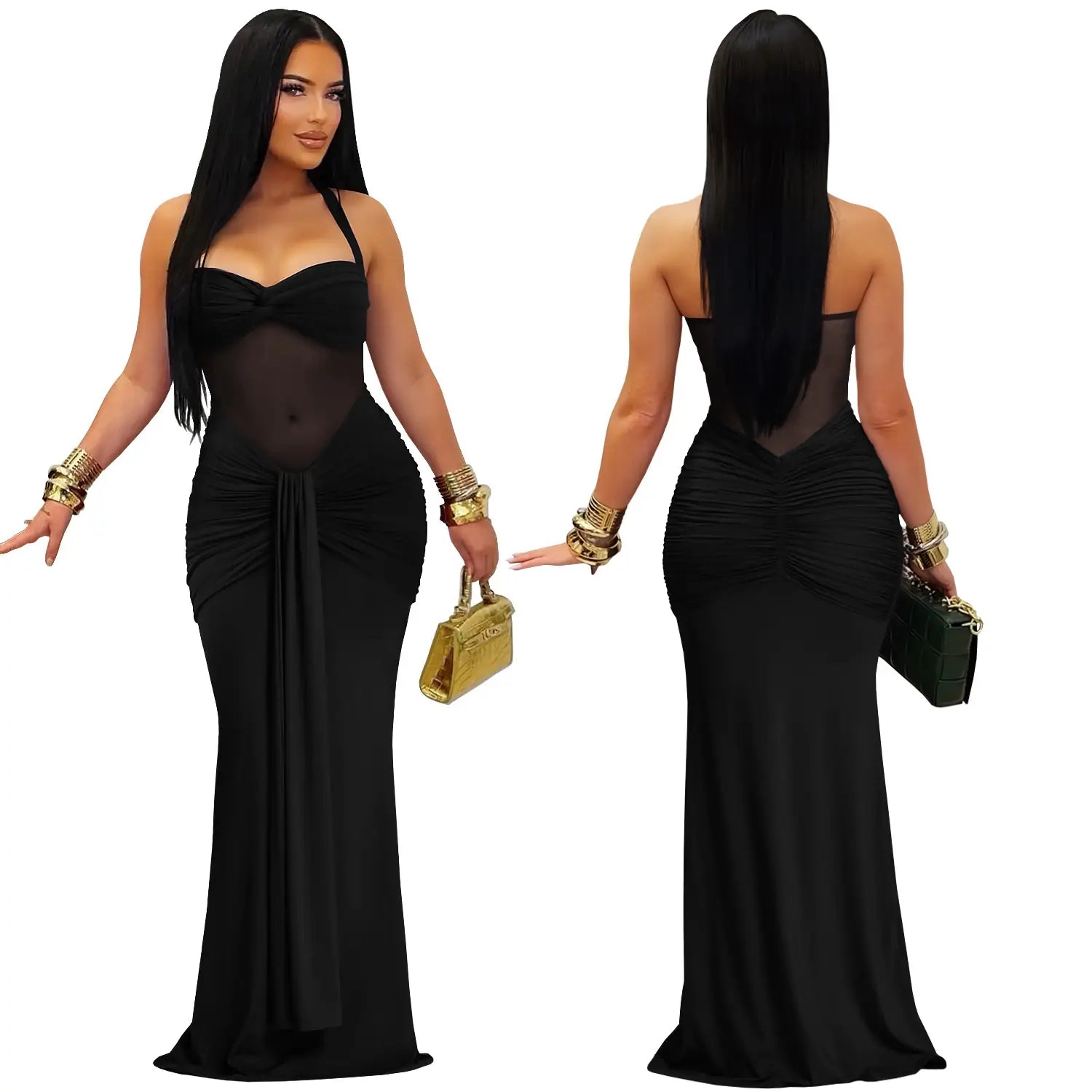 Fashion women’s sexy sheer mesh halter tie-back dress