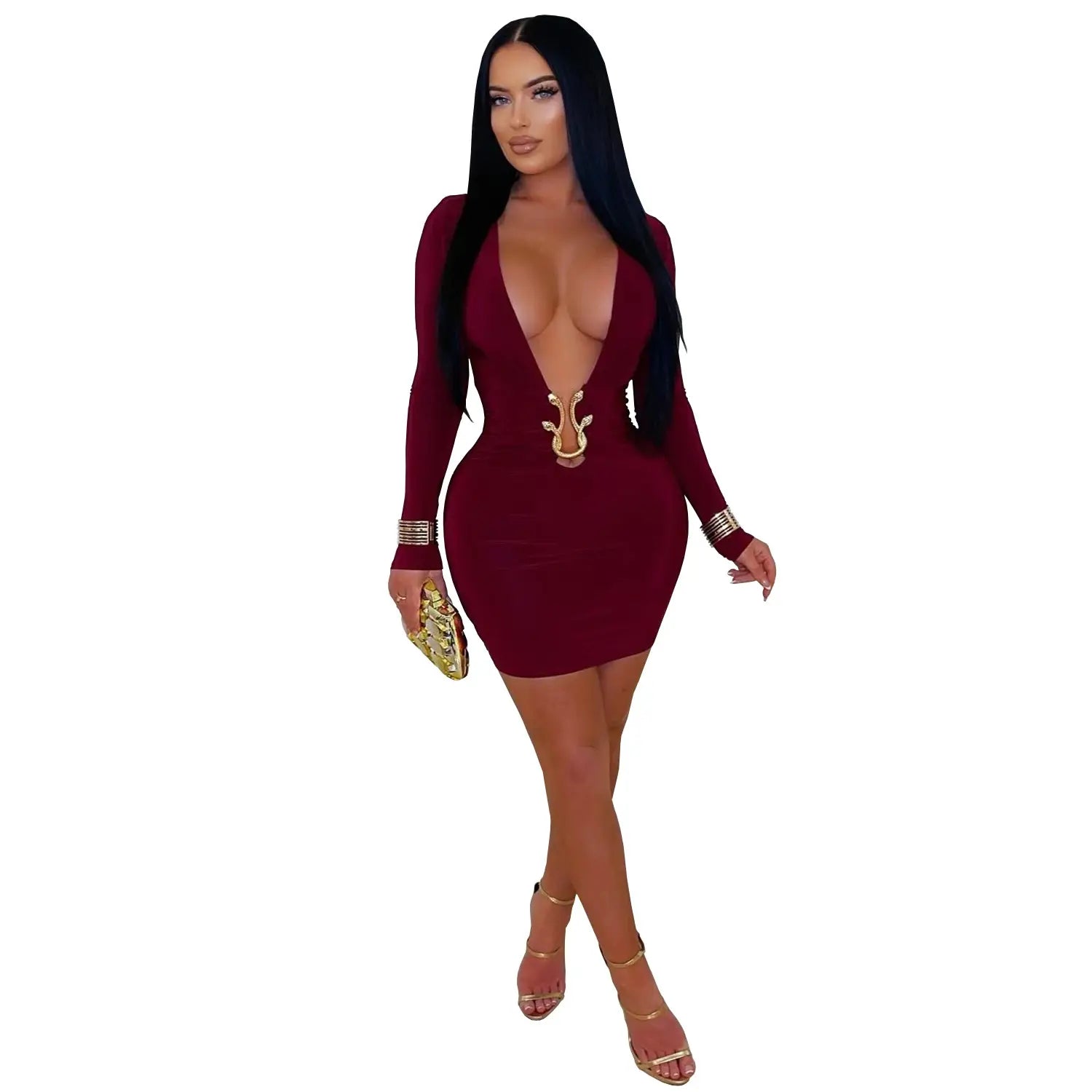 Fashionable women’s sexy deep v-neck bodycon dress with snake pattern accessories