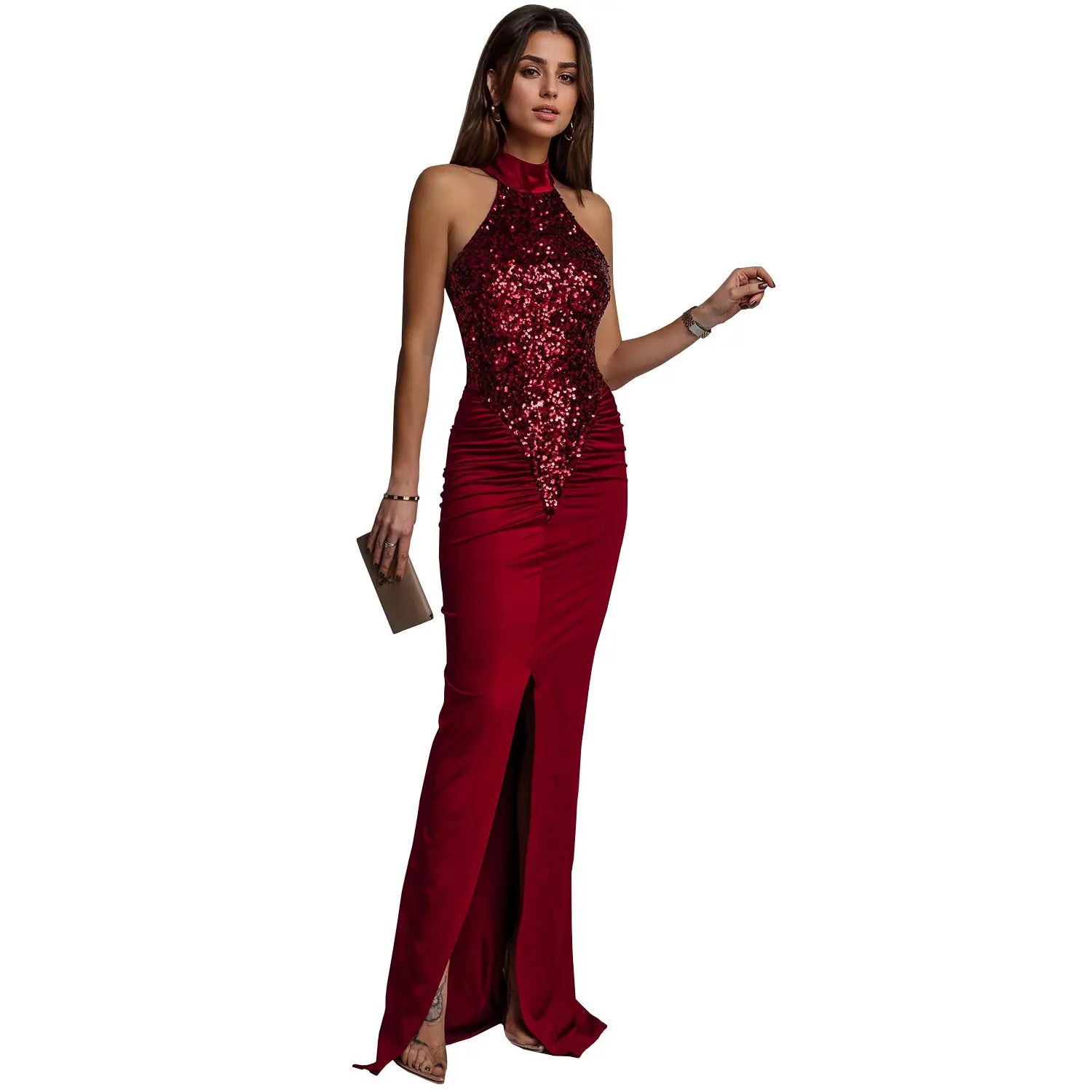 Fashion women’s sexy fitted sequin velvet split dress