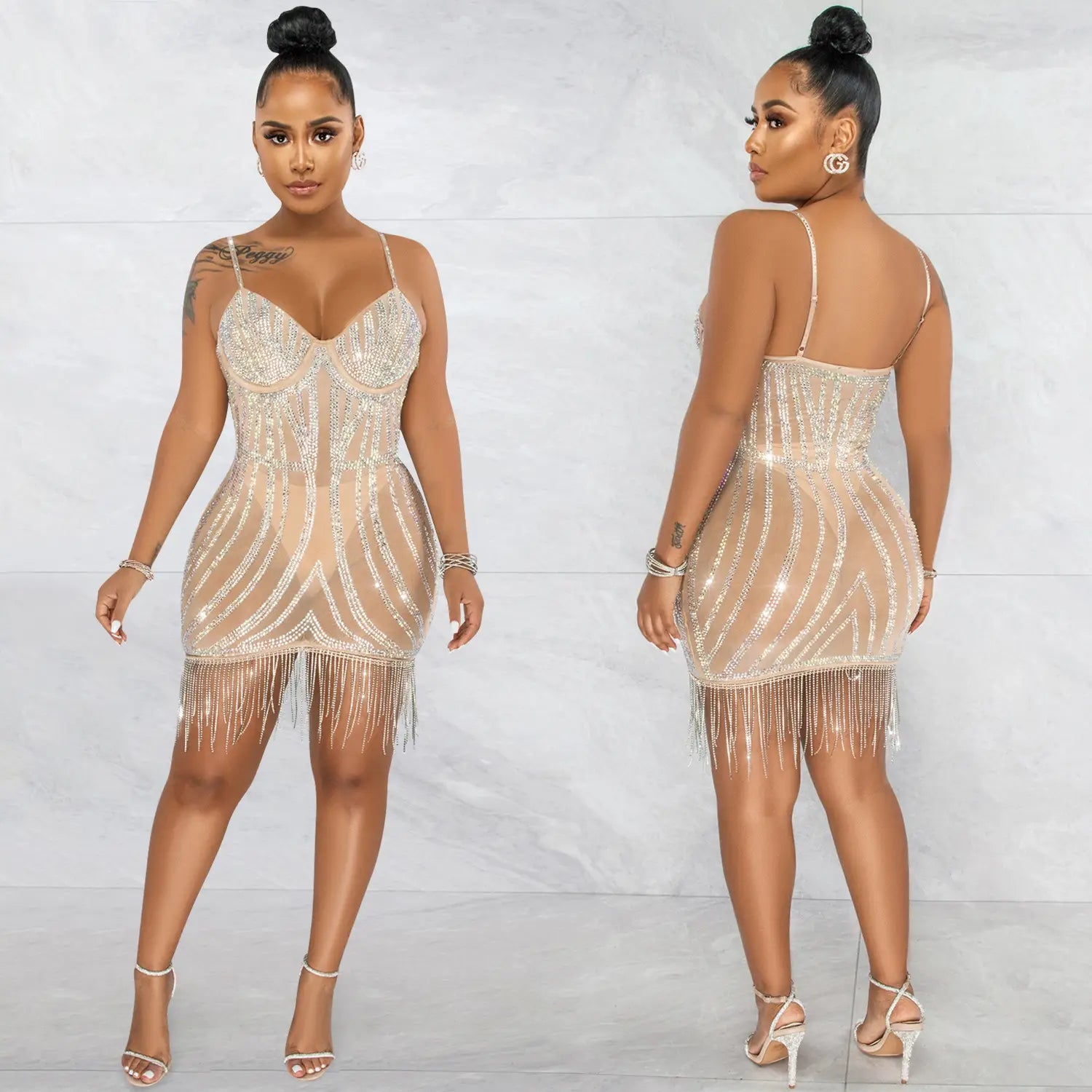 Sexy embellished strapless sleeveless crop top dress with fringe details
