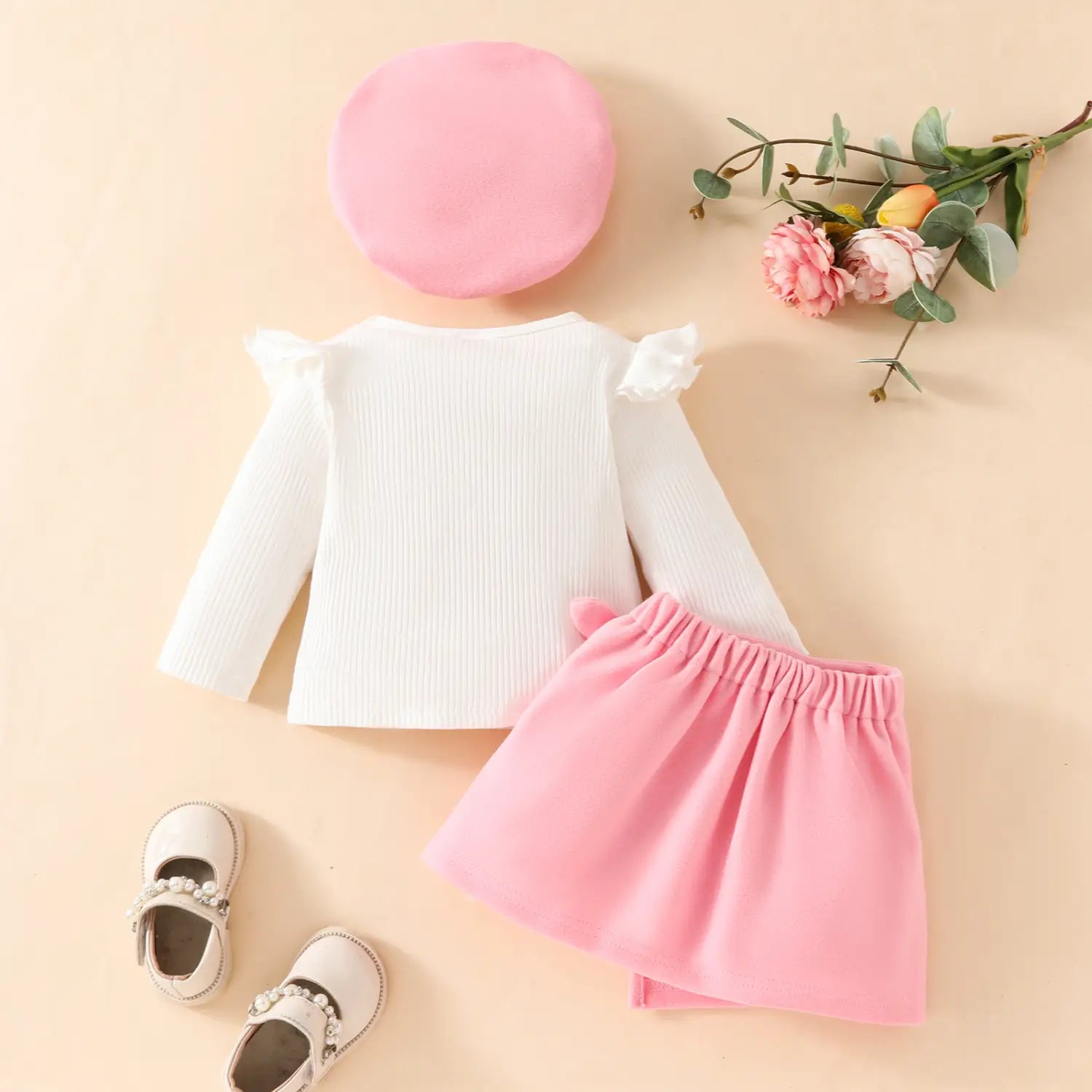 Fashion step girl big bow beret long sleeve top with velvet half skirt autumn/winter 3-piece set