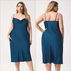 Plus Size Satin Nightdress for Women Summer One-Piece Plunge Neck Strap Loose Loungewear Sleepwear