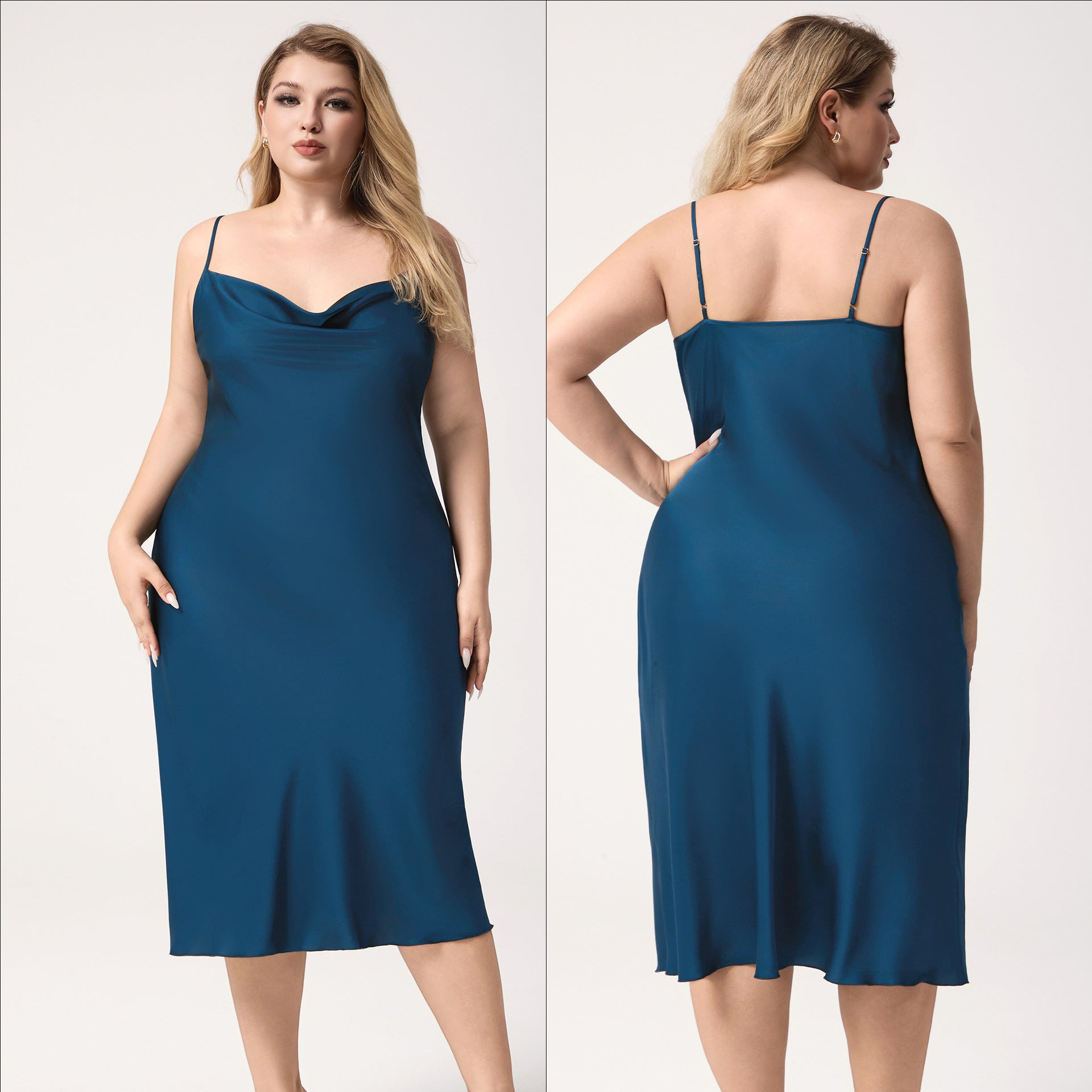 Plus Size Satin Nightdress for Women Summer One-Piece Plunge Neck Strap Loose Loungewear Sleepwear