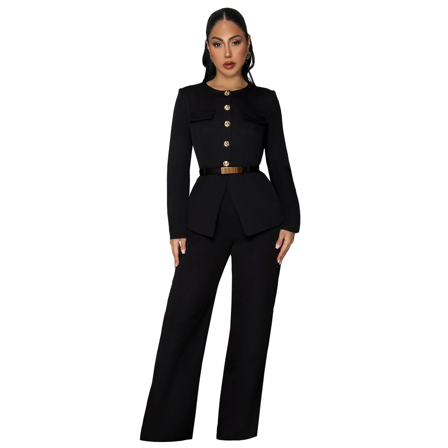 Fashionable women’s slimming belted top and pants set