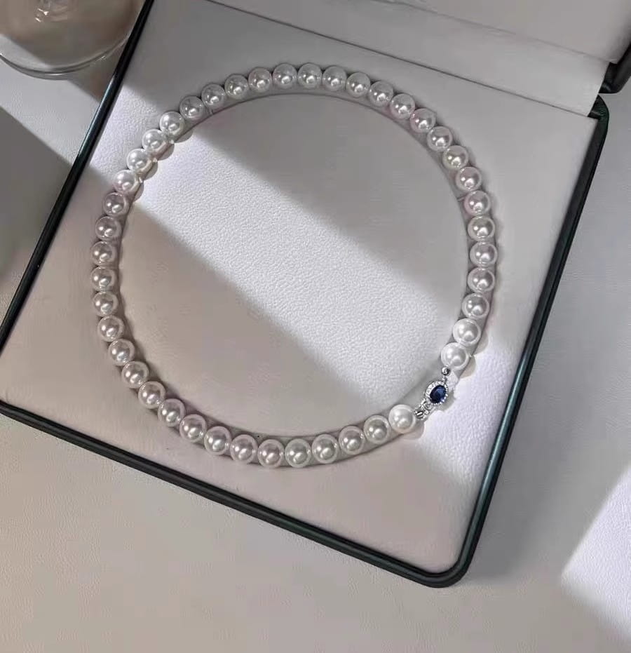 Natural mother-of-pearl pearl necklace silver blue gem clasp high luster premium quality pearl australian white necklace