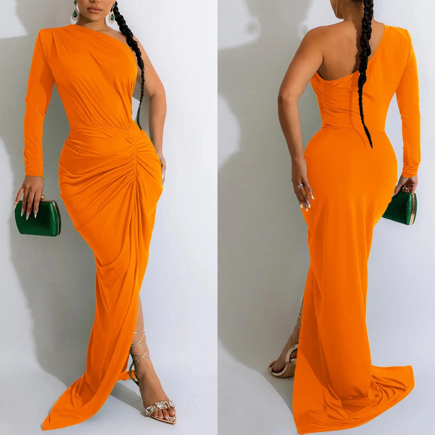 Fashion women’s solid color asymmetrical neck single long sleeve long dress with pleats