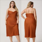 Plus Size Satin Nightdress for Women Summer One-Piece Plunge Neck Strap Loose Loungewear Sleepwear