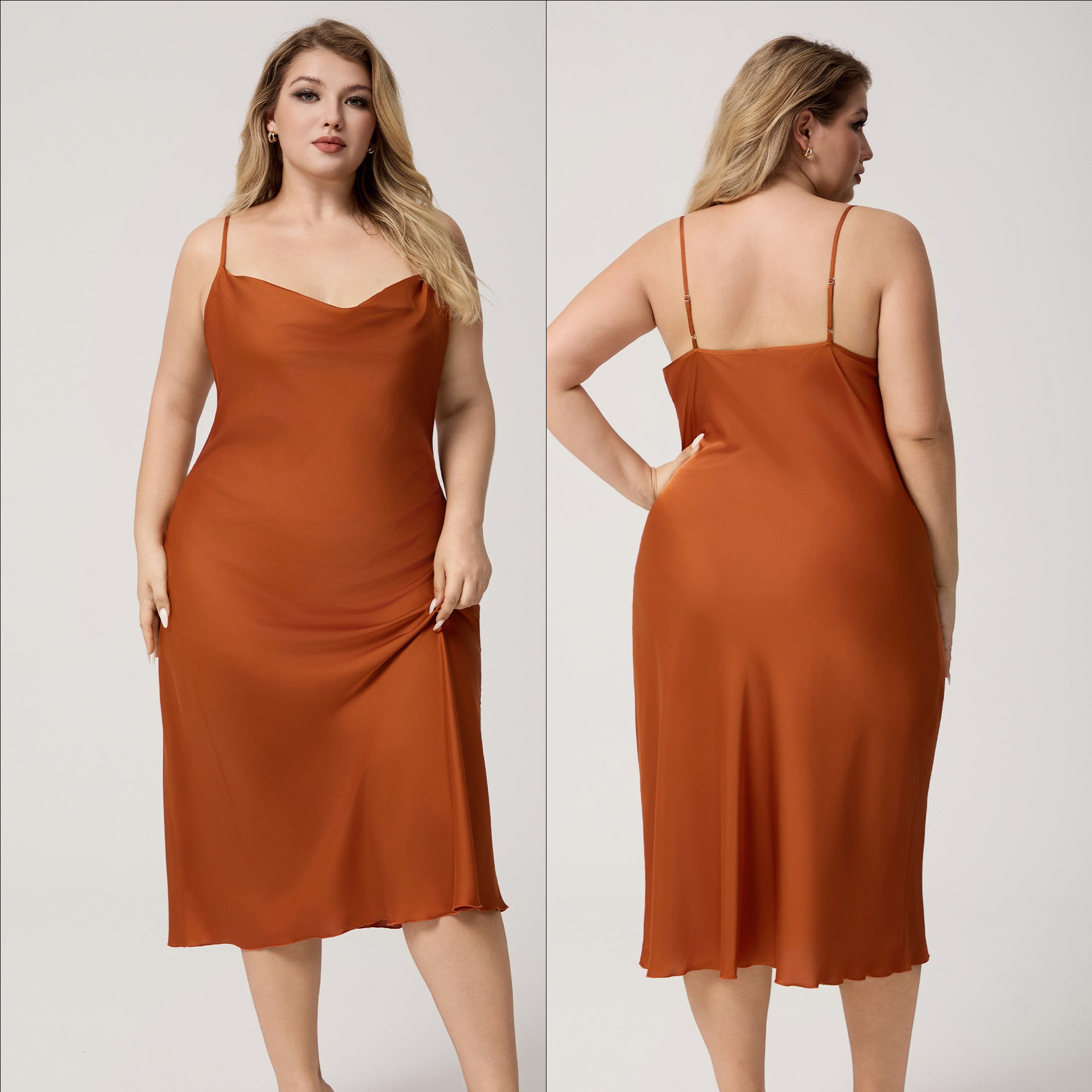 Plus Size Satin Nightdress for Women Summer One-Piece Plunge Neck Strap Loose Loungewear Sleepwear