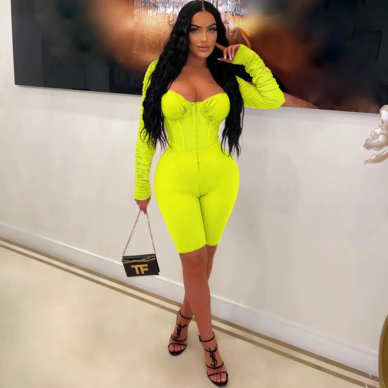 Fashion women’s solid color long sleeve short pants mesh sheer jumpsuit