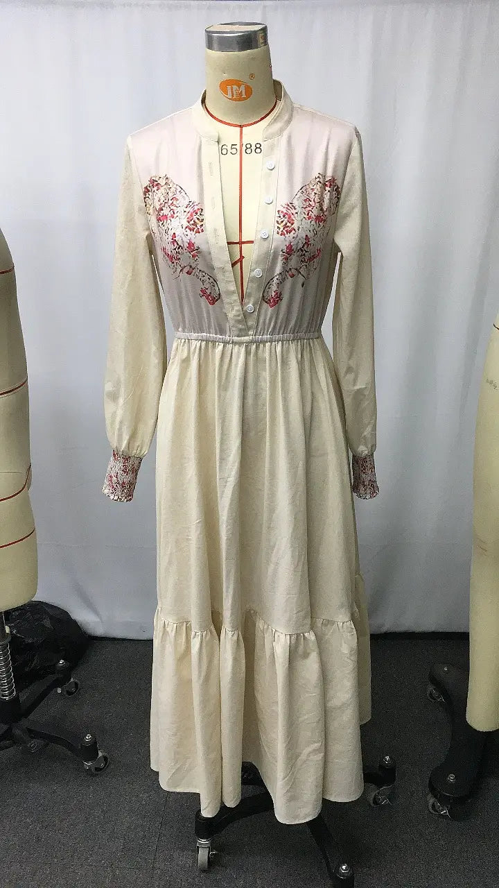Vintage V-Neck Floral Print Long Sleeve Dress for Women