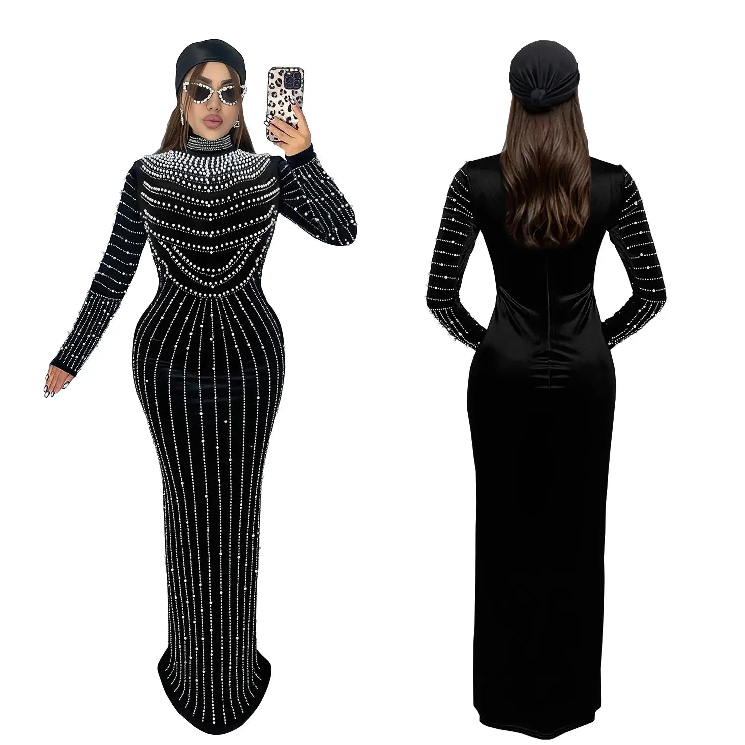 Elegant Velvet Embellished Long Sleeve Dress for Women Fashion Style Casual Occasion