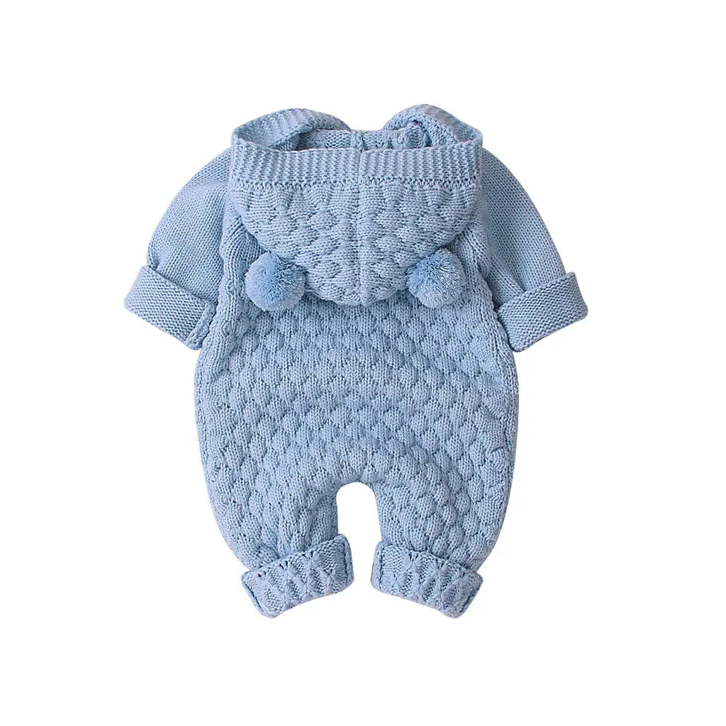 Children’s three-dimensional fur ball hooded solid color knitted jumpsuit