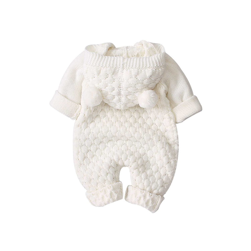 Children’s three-dimensional fur ball hooded solid color knitted jumpsuit