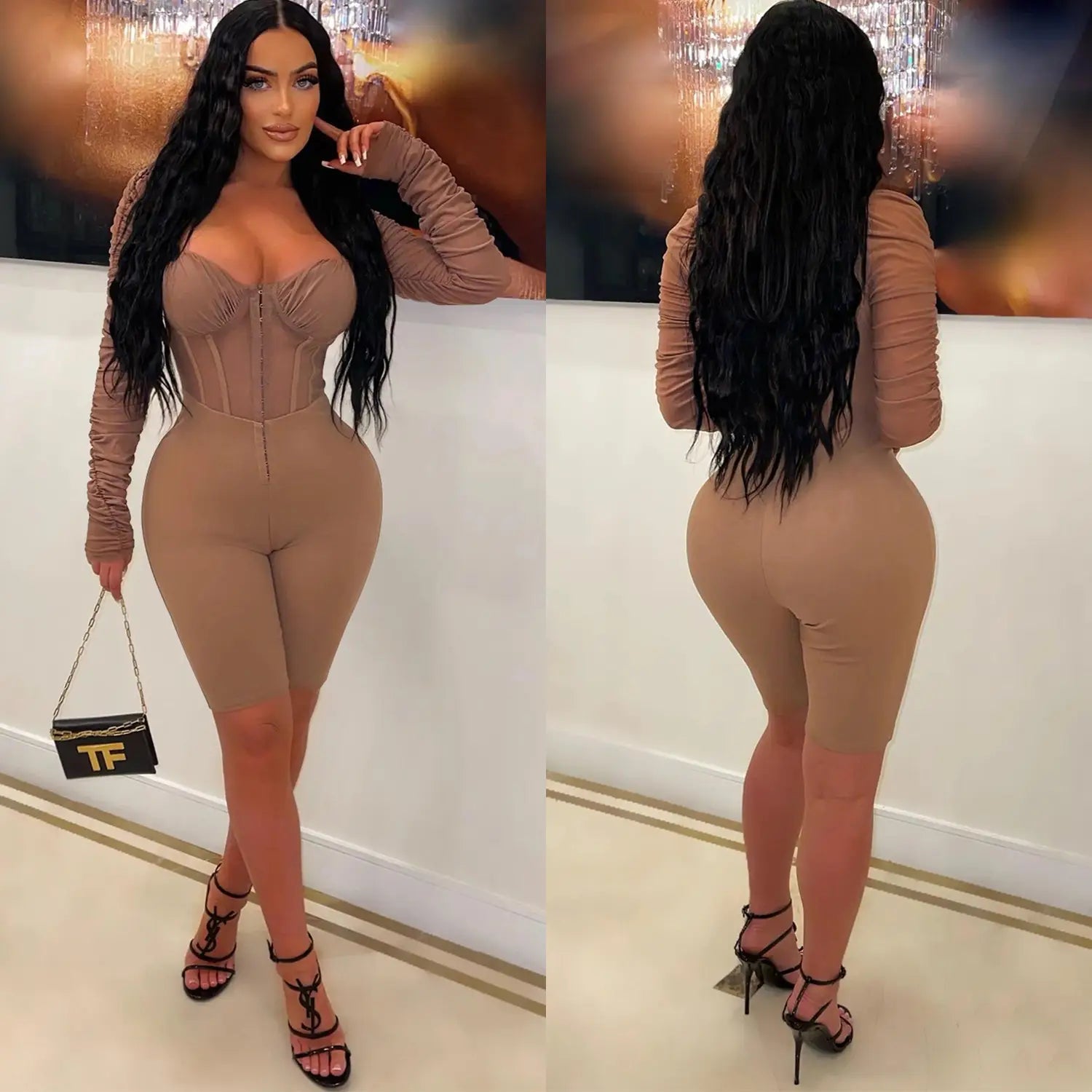 Fashion women’s solid color long sleeve short pants mesh sheer jumpsuit