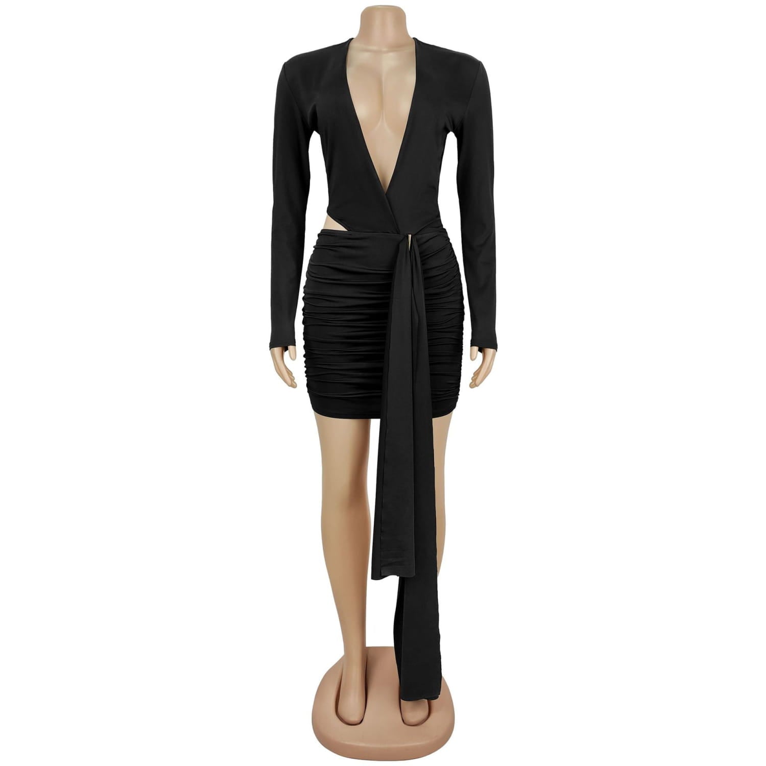 Fashion Women's Sexy Deep V Neck Solid Color Ribbon Dress Mini Dress