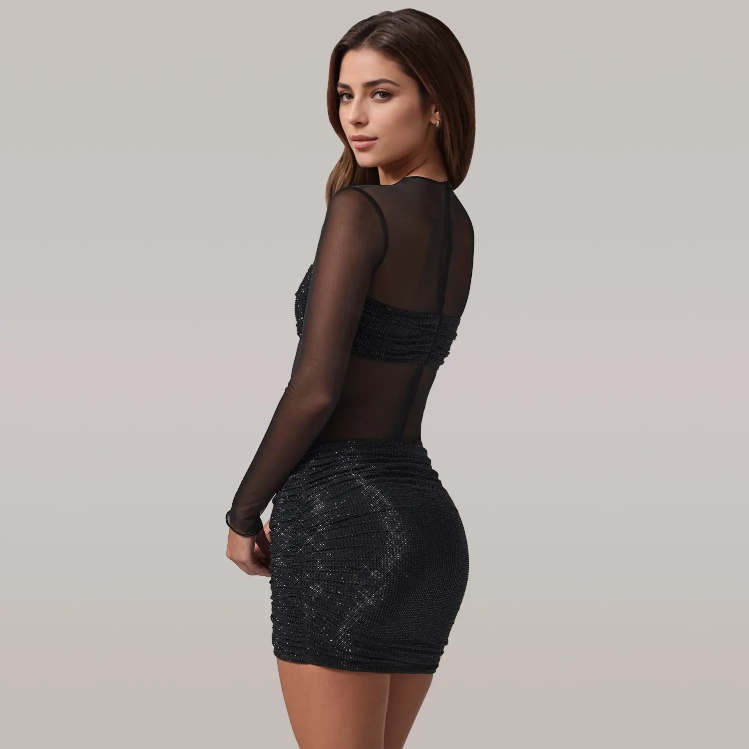 Fashion women’s sexy sheer mesh rhinestone dress mini skirt