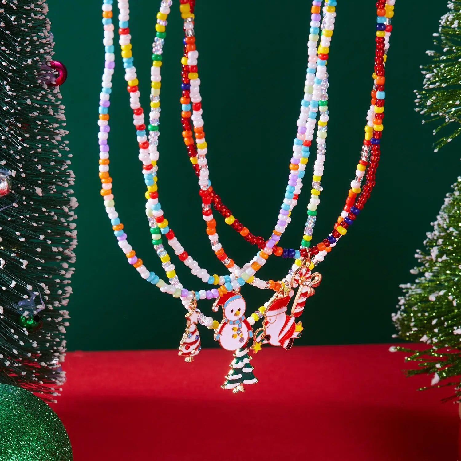 Christmas cartoon santa bell snowman snowflake pendant colorful seed bead necklace for women