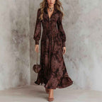 Style Vintage Print Long Sleeve V-Neck Fitted Bubble Sleeve Maxi Dress