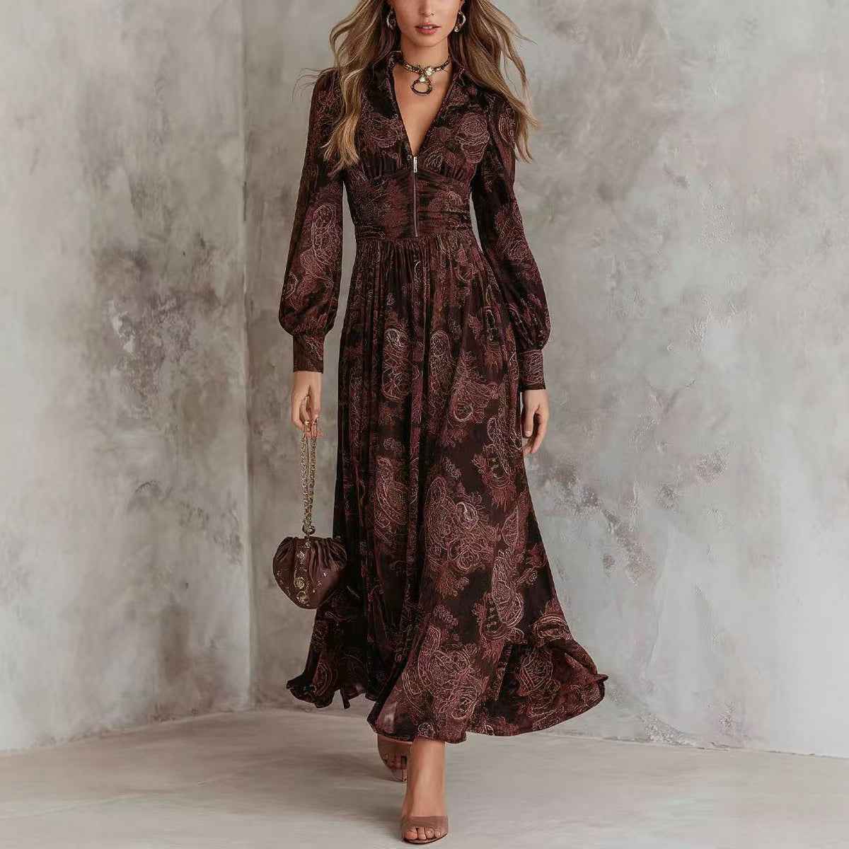 Style Vintage Print Long Sleeve V-Neck Fitted Bubble Sleeve Maxi Dress