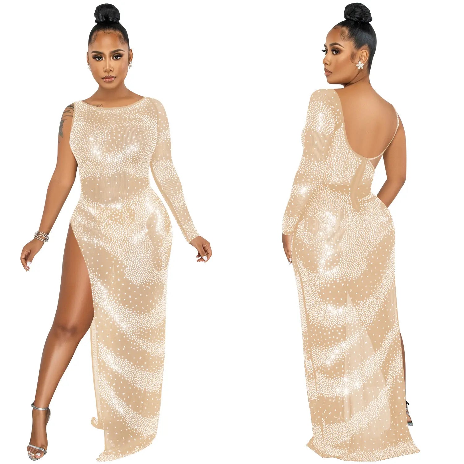 Fashion sexy nightclub rhinestone single long sleeve irregular slit maxi dress