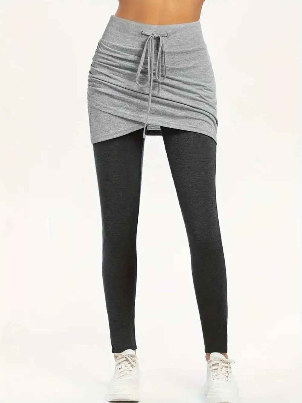 Drawstring Fake Two Pieces Active Leggings with Ruched Skirt