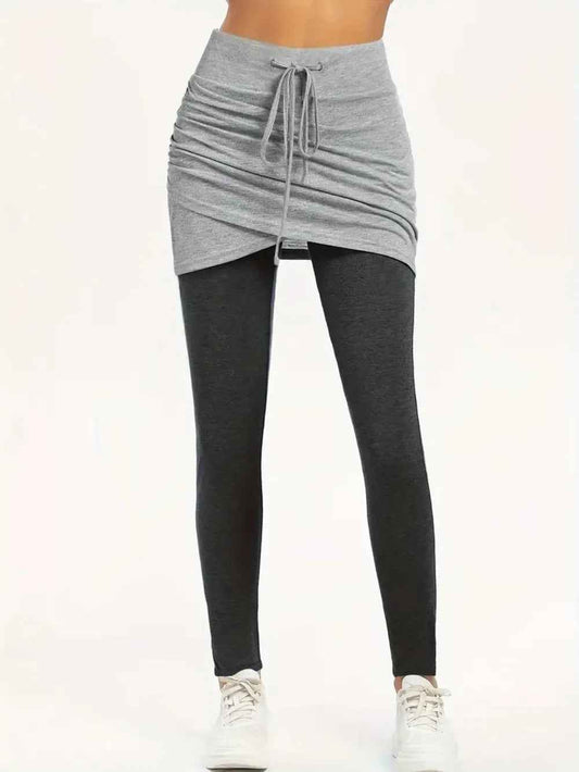 Drawstring Fake Two Pieces Active Leggings with Ruched Skirt