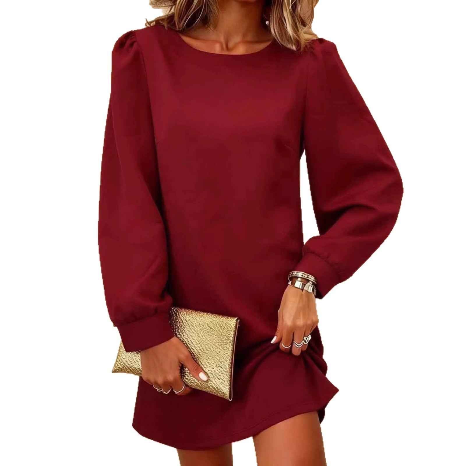 Elegant Long Sleeve Round Neck Backless Bow Dress with Casual Style for Women