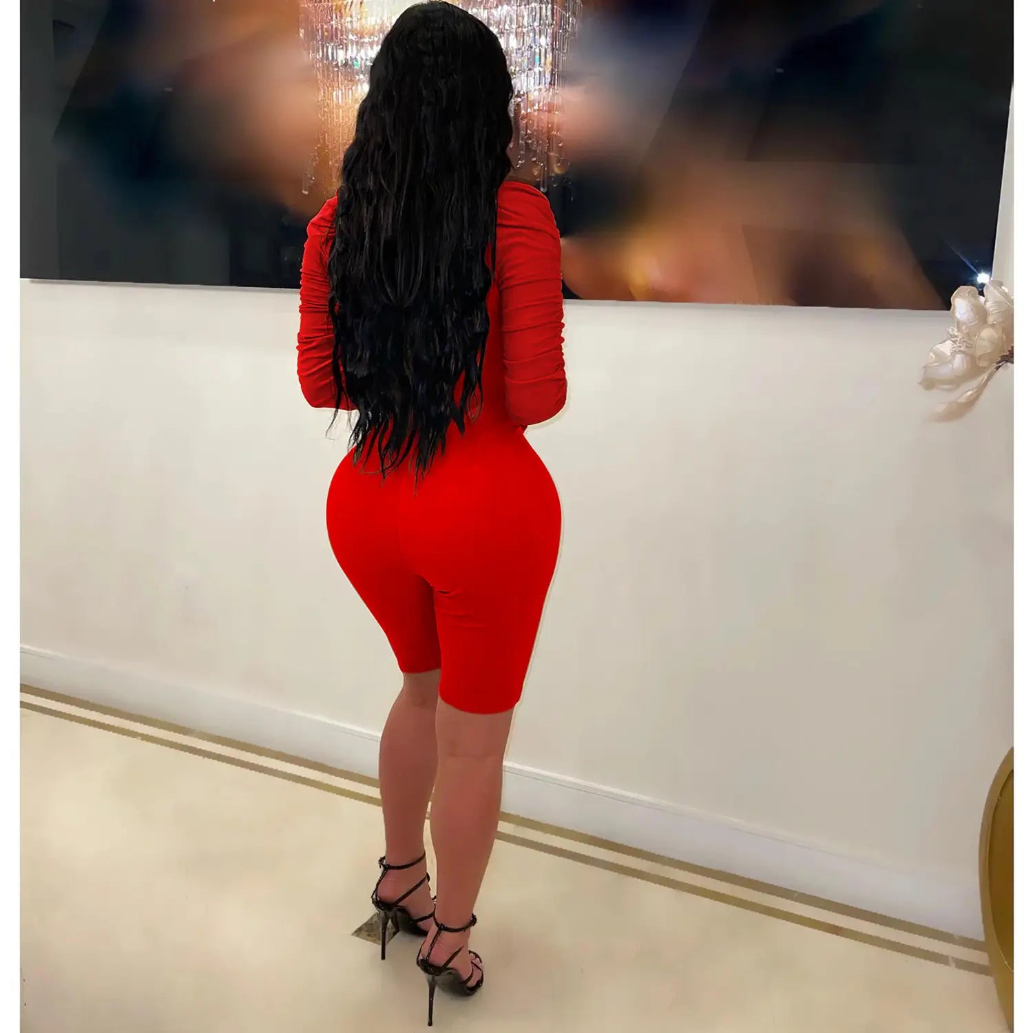 Fashion women’s solid color long sleeve short pants mesh sheer jumpsuit