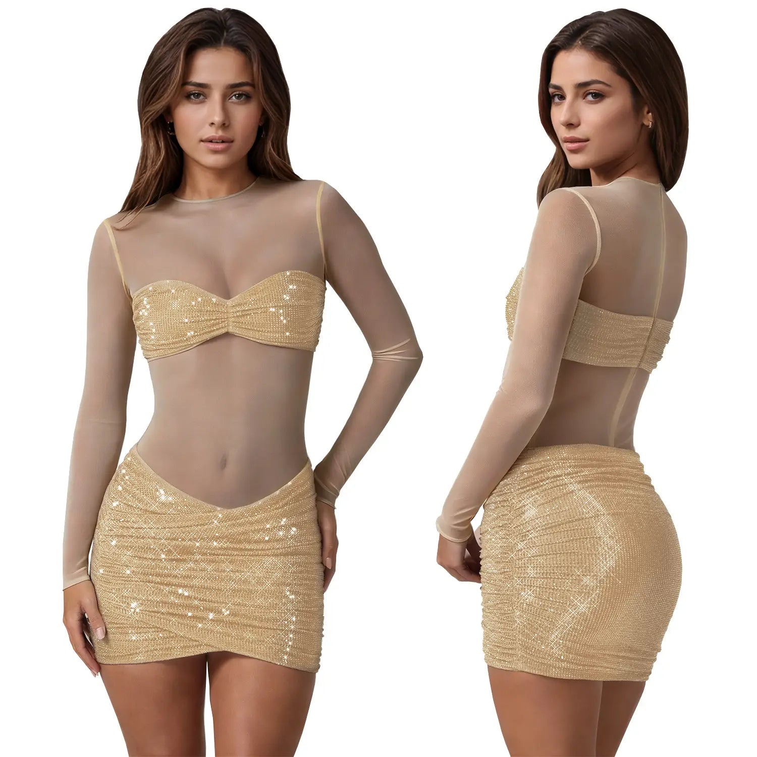Fashion women’s sexy sheer mesh rhinestone dress mini skirt